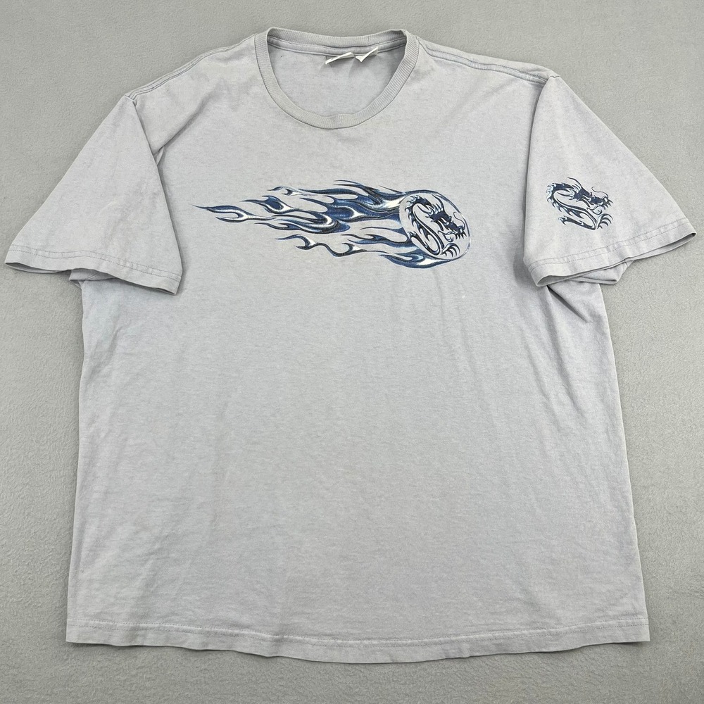 Utility Vintage Mens Dragon Flame Graphic T-Shirt Grey Cotton Size L Streetwear
